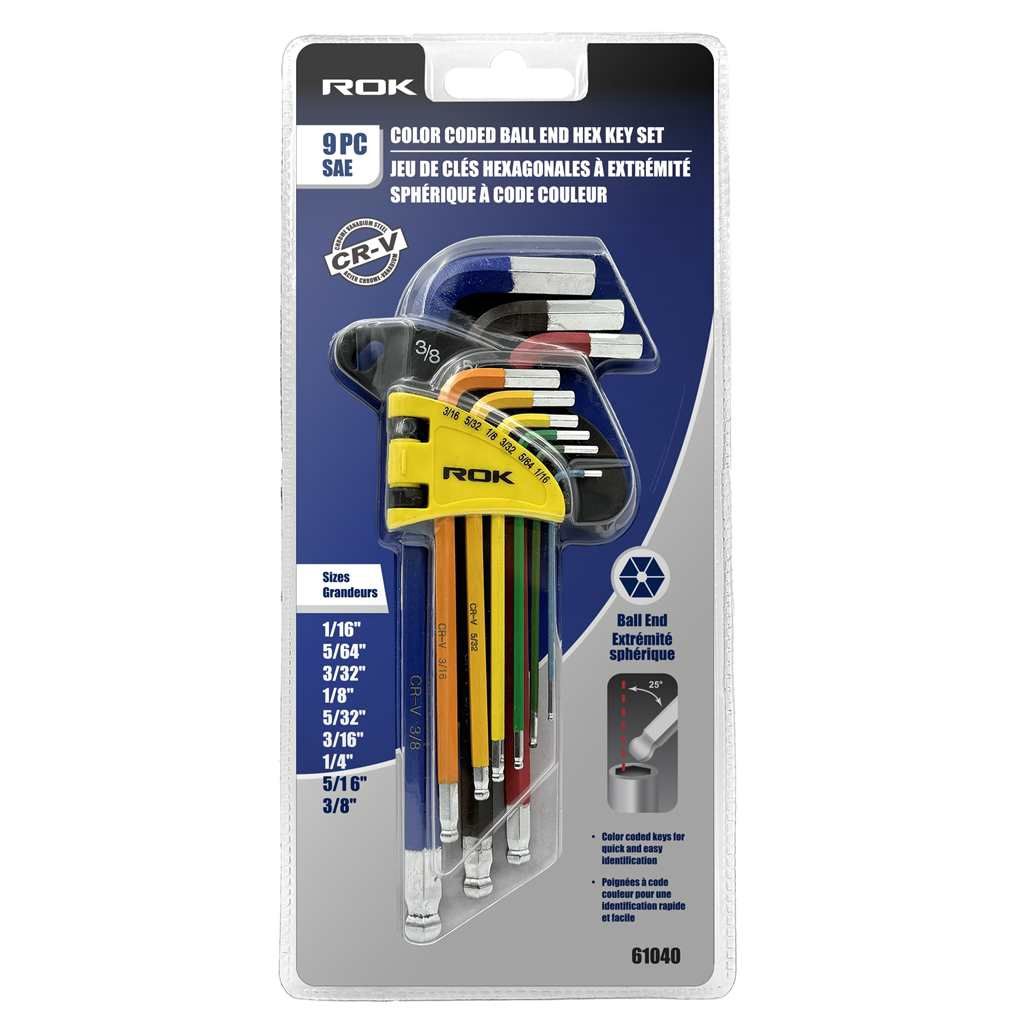 9 PC SAE Color Coded Long Ball End Hex Keys