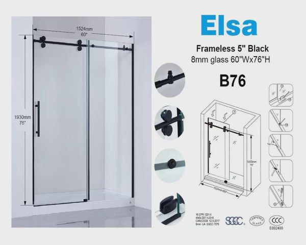 Black Frameless Shower Door 60&quot;x76&quot;