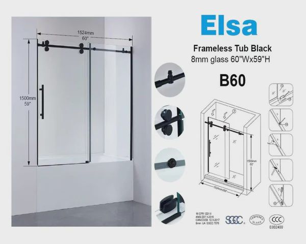 Black Frameless Tub Door 60&quot;x59&quot;