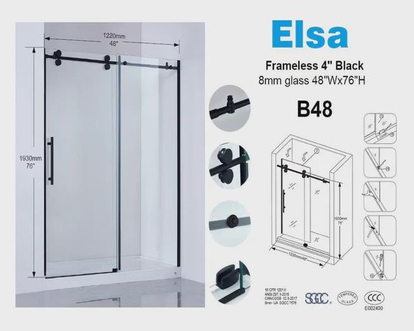 Black Frameless Shower Door 48&quot;x76&quot;