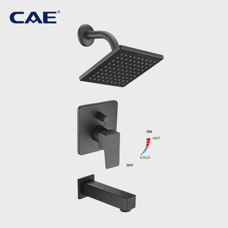 Tub Shower Set – Rain Shower + Spout + 2-Way Diverter, Matte Black, Square