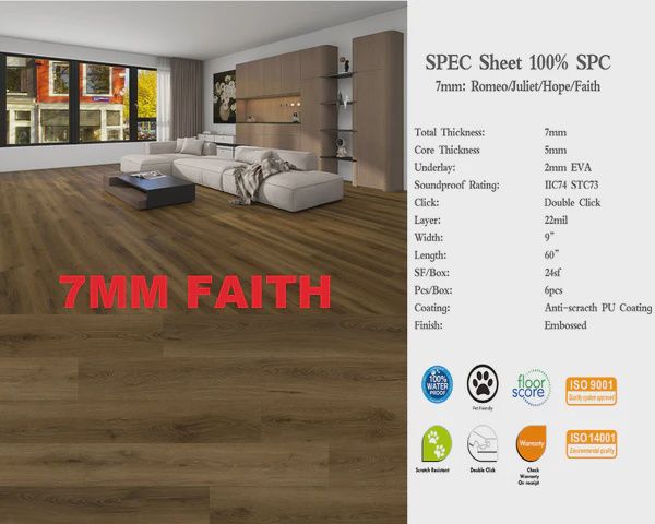 F7MM SPC  Flooring, Waterproof Luxury Vinyl -60&quot;x9&quot; (5mm+2mm pad),7mm Thickness - 24SF/Box
