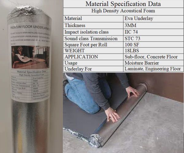 Floor Soundproof Underlay 3MM EVA High Density Foam IIC 74 STC 73 100SF/Roll