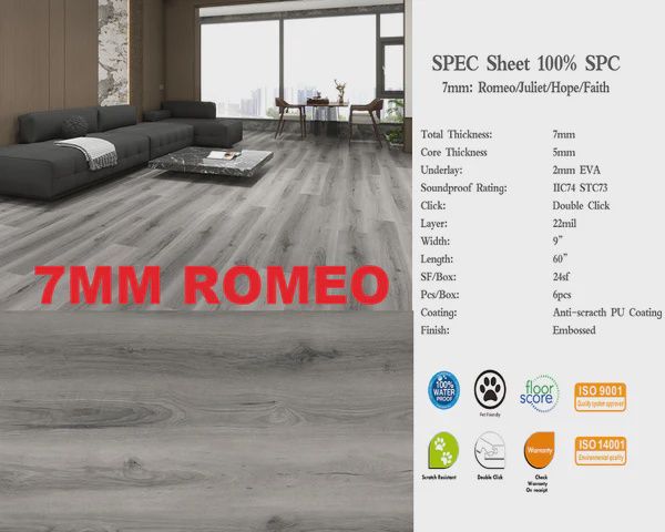 R7MM SPC FLOORING, Waterproof Luxury Vinyl - (5mm+2mm pad),7mm Thickness-60&quot;x9&quot; - 24SF/Box