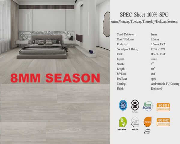 S8MM SPC Flooring, Waterproof Luxury Vinyl - (5.5mm+2.5mm pad) 8mm Thickness-60&quot;x9&quot; - 16SF/Box