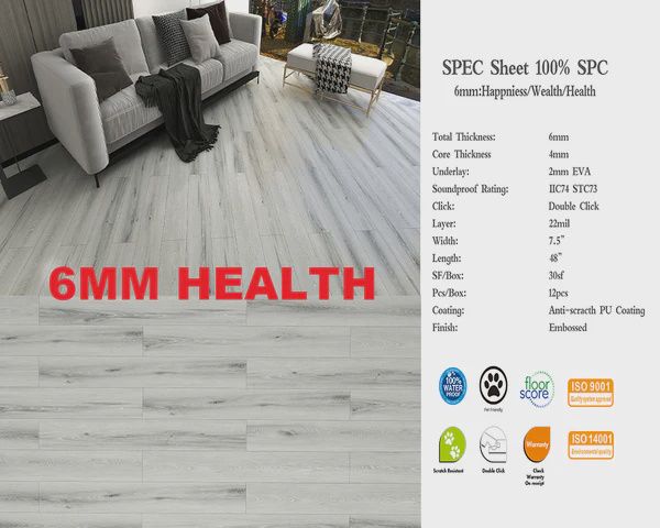H6MM SPC Flooring, Waterproof Luxury Vinyl - (4mm+2mm pad), 6mm Thickness with Pad - 1220x184 mm,30SF/Box