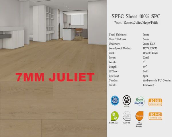 J7MM SPC  Flooring, Waterproof Luxury Vinyl - (5mm+2mm pad)-7mm Thickness-60&quot;x9&quot; - 24SF/Box