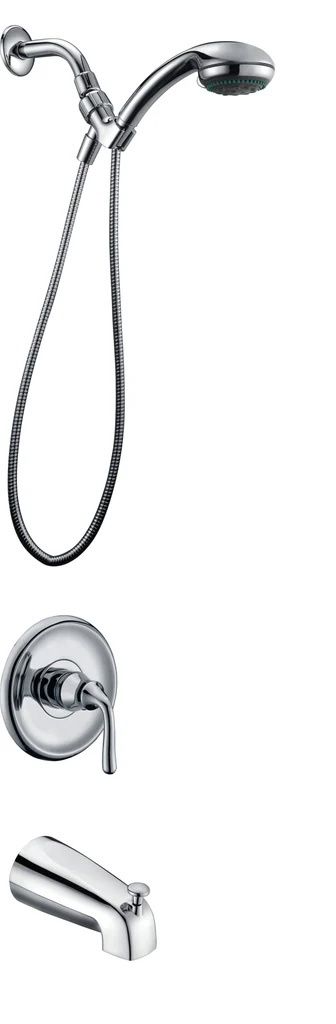 Tub Shower Set – Overhead + Hand Shower + Spout, Chrome, Round Divertor