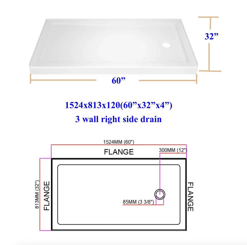 Acrylic Shower Base – 60&quot;  x 32&quot; Right Drain