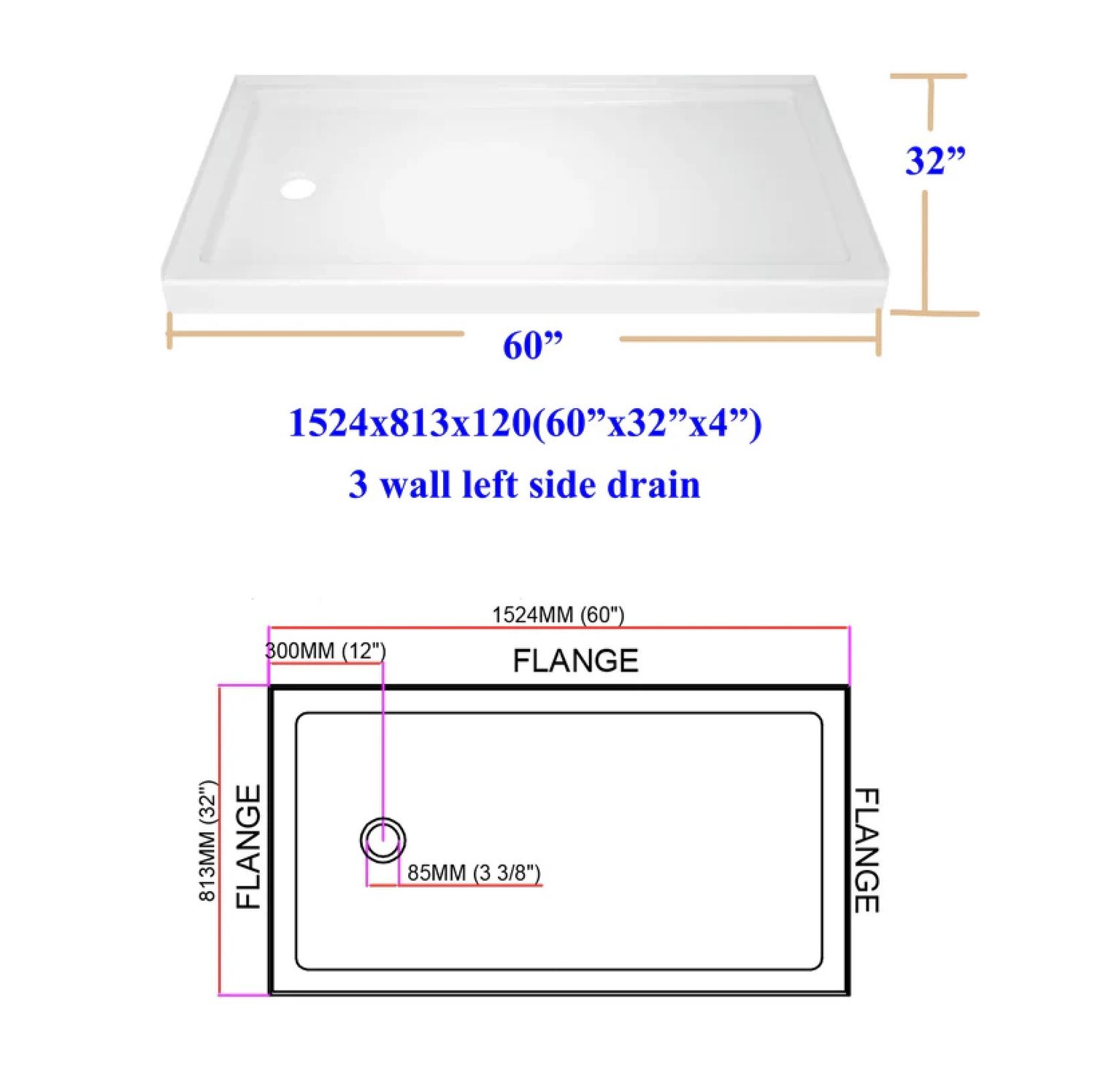 Acrylic Shower Base – 60&quot; x 32&quot;-  Left Drain