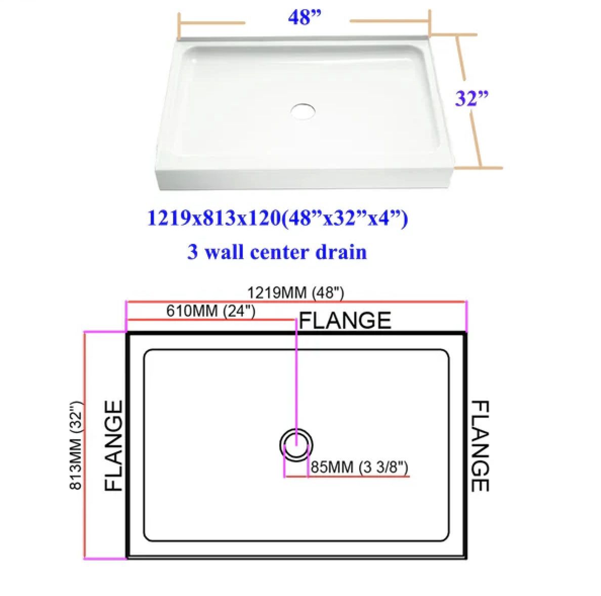 Acrylic Shower Base –48&quot; x 32&quot; Center Drain