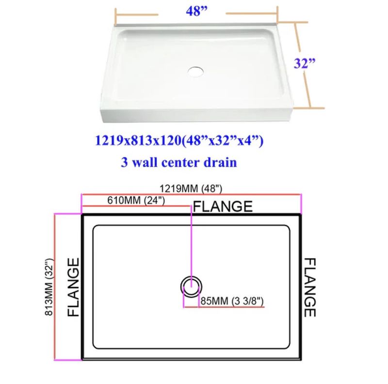 Acrylic Shower Base –48&quot; x 32&quot; Center Drain