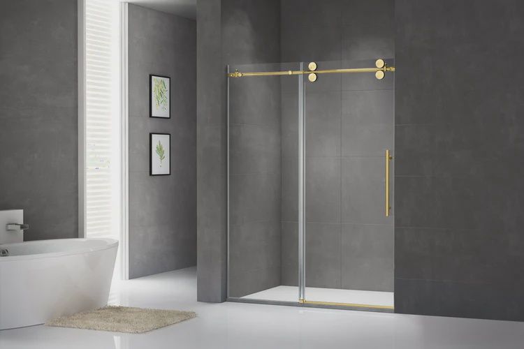 48&quot;x76&quot; Brushed Gold Double Rolling Sliding Glass Shower Doors 56212, 10MM Tempered