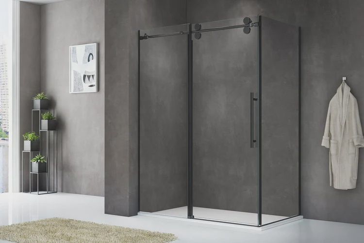 60*36*76 Matte Black Double Rolling Sliding Glass Shower Doors, Corner Glass 56312, 10 MM Tempered Glass