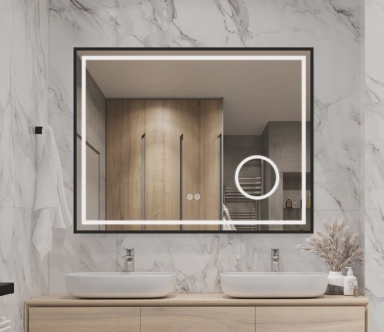 36&quot;x28&quot; Black Framed Bathroom Magnifying Mirror with Light 91075