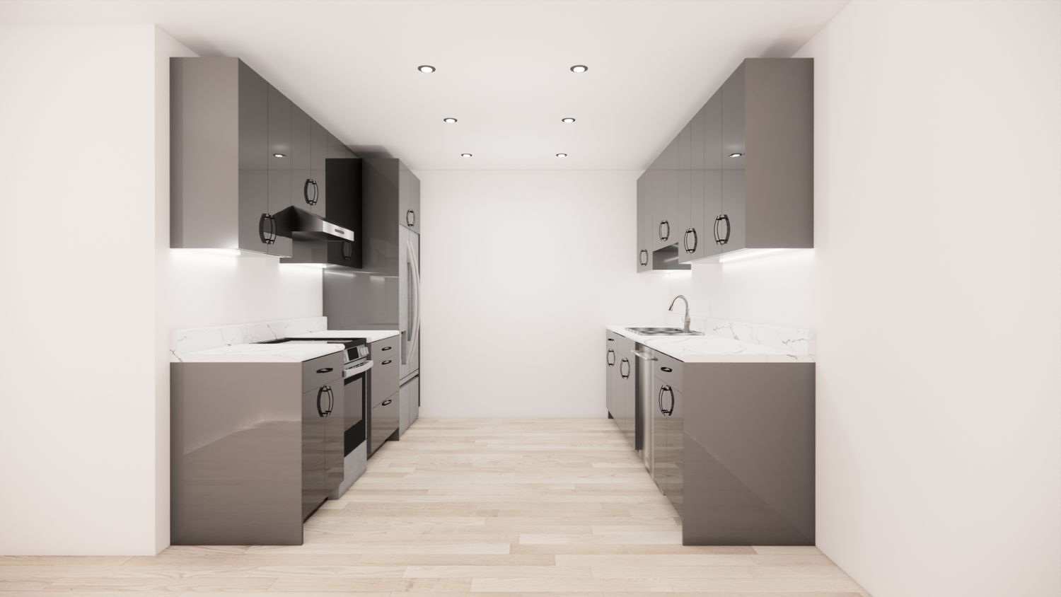 Galley Kitchen –  (HIGH GLOSS GREY - FLAT PANEL )