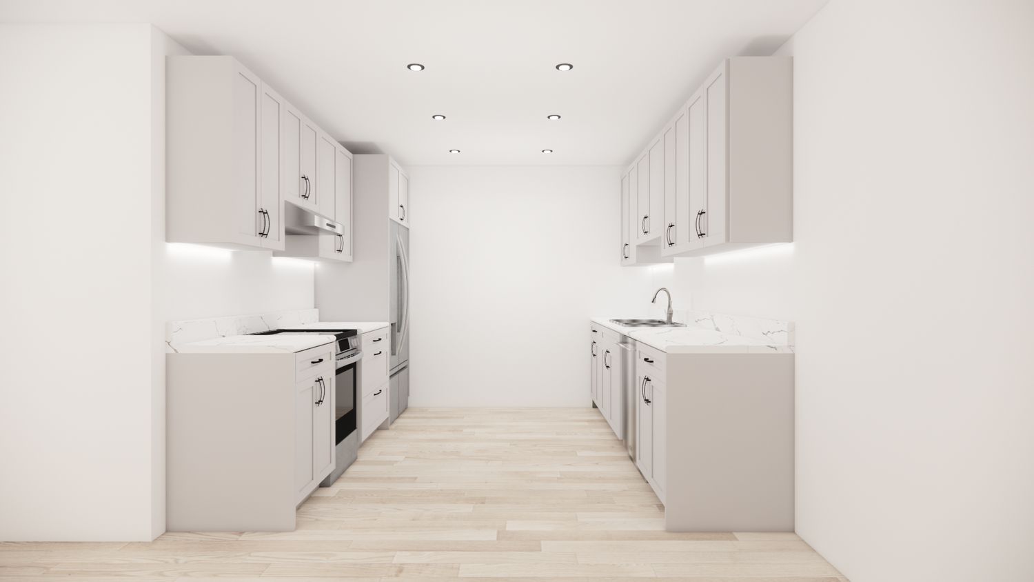 Galley Kitchen –  (SHAKER PEARL WHITE)