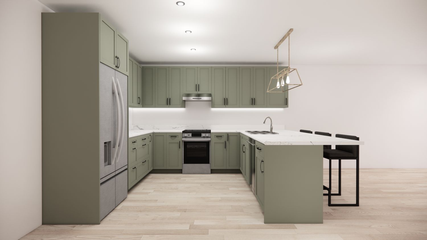 U-Shaped Kitchen with Island – Dark Green Shaker Panel