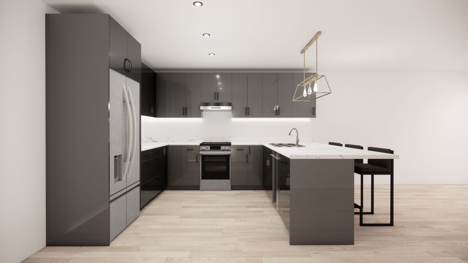 U-Shaped Kitchen with Island – High Gloss Grey Flat Panel