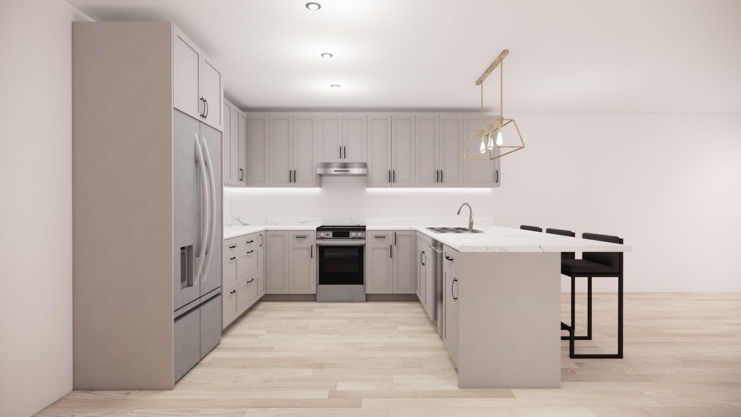 U-Shaped Kitchen with Island – Light Beige Shaker Panel