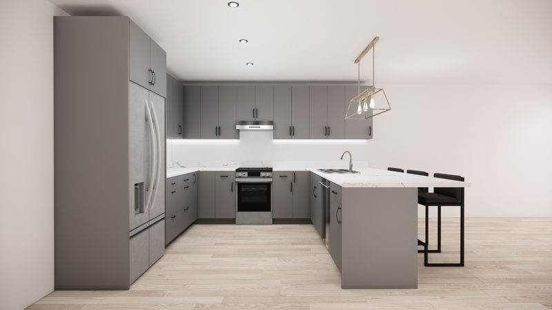 U-Shaped Kitchen with Island – Matte Grey Flat Panel