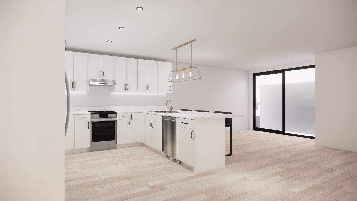 U-Shaped Kitchen with Island – Matte White Flat Panel