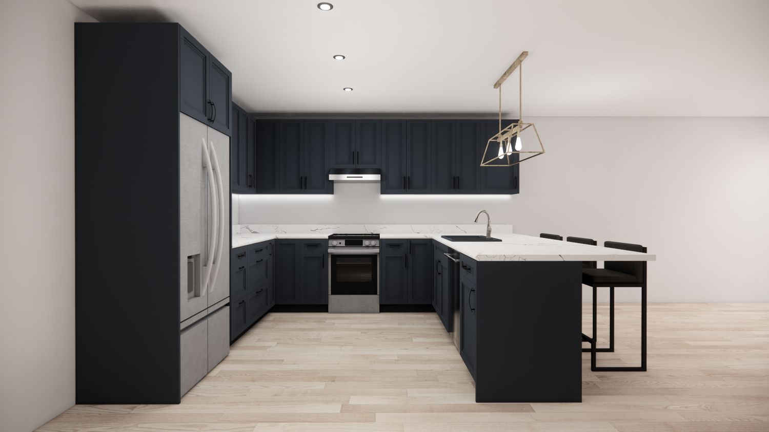 U-Shaped Kitchen with Island – Matte Blue Double Shaker Panel