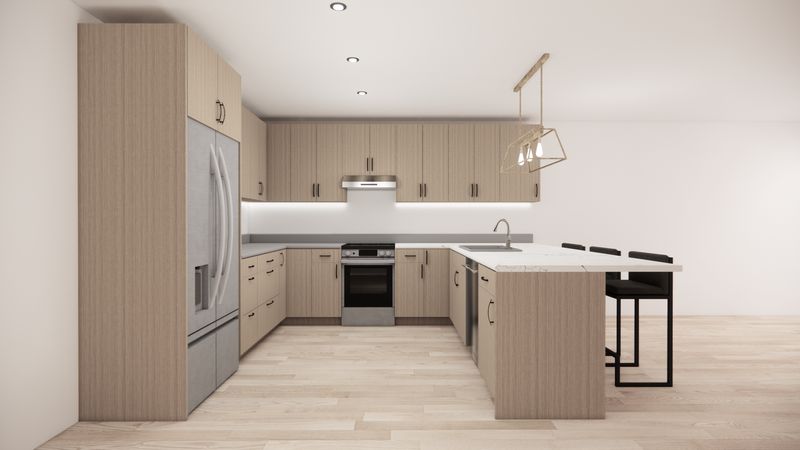 U-Shaped Kitchen with Island – Natural Wood Flat Panel
