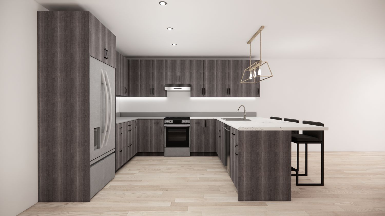 U-Shaped Kitchen with Island – Wood Grey Flat Panel