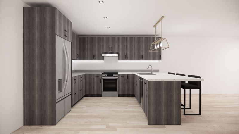 U-Shaped Kitchen with Island – Wood Grey Flat Panel