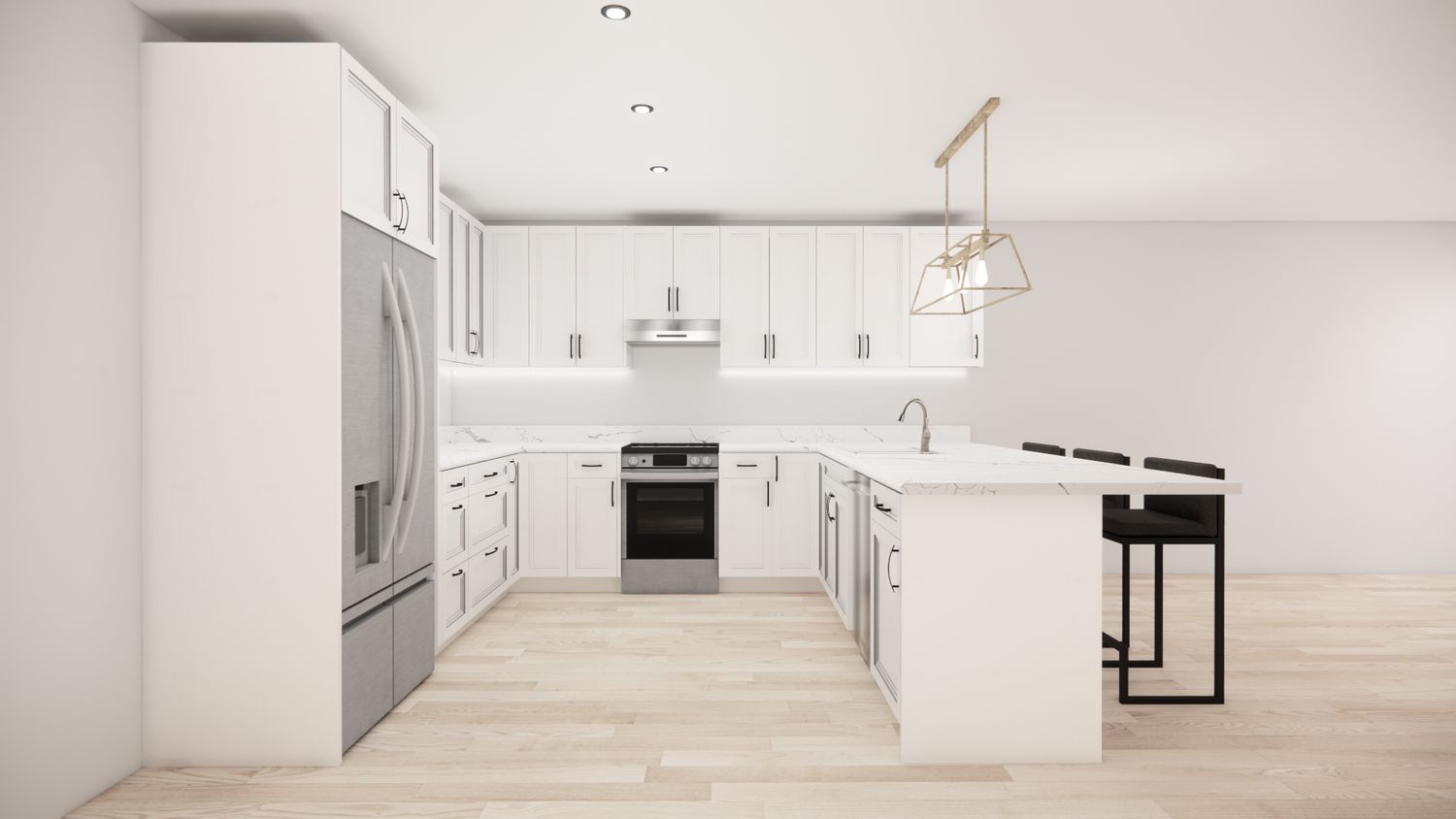 U-Shaped Kitchen with Island – Matte White Double Shaker Panel