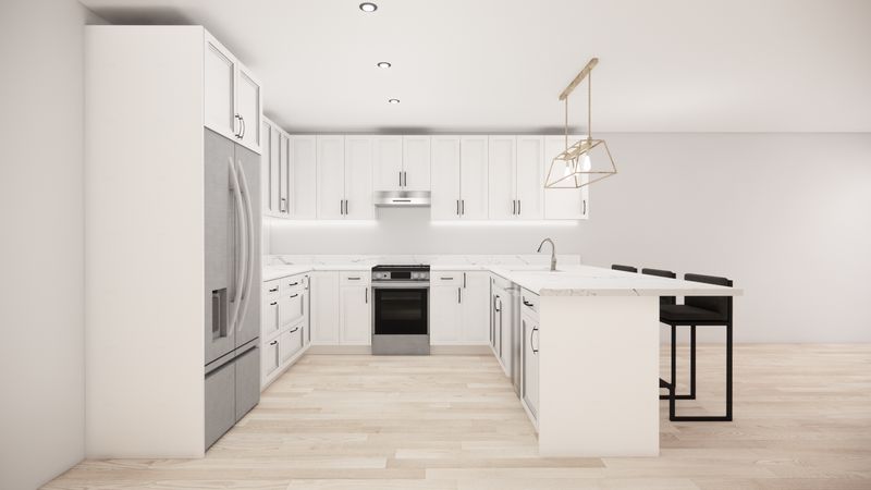 U-Shaped Kitchen with Island – Matte White Double Shaker Panel