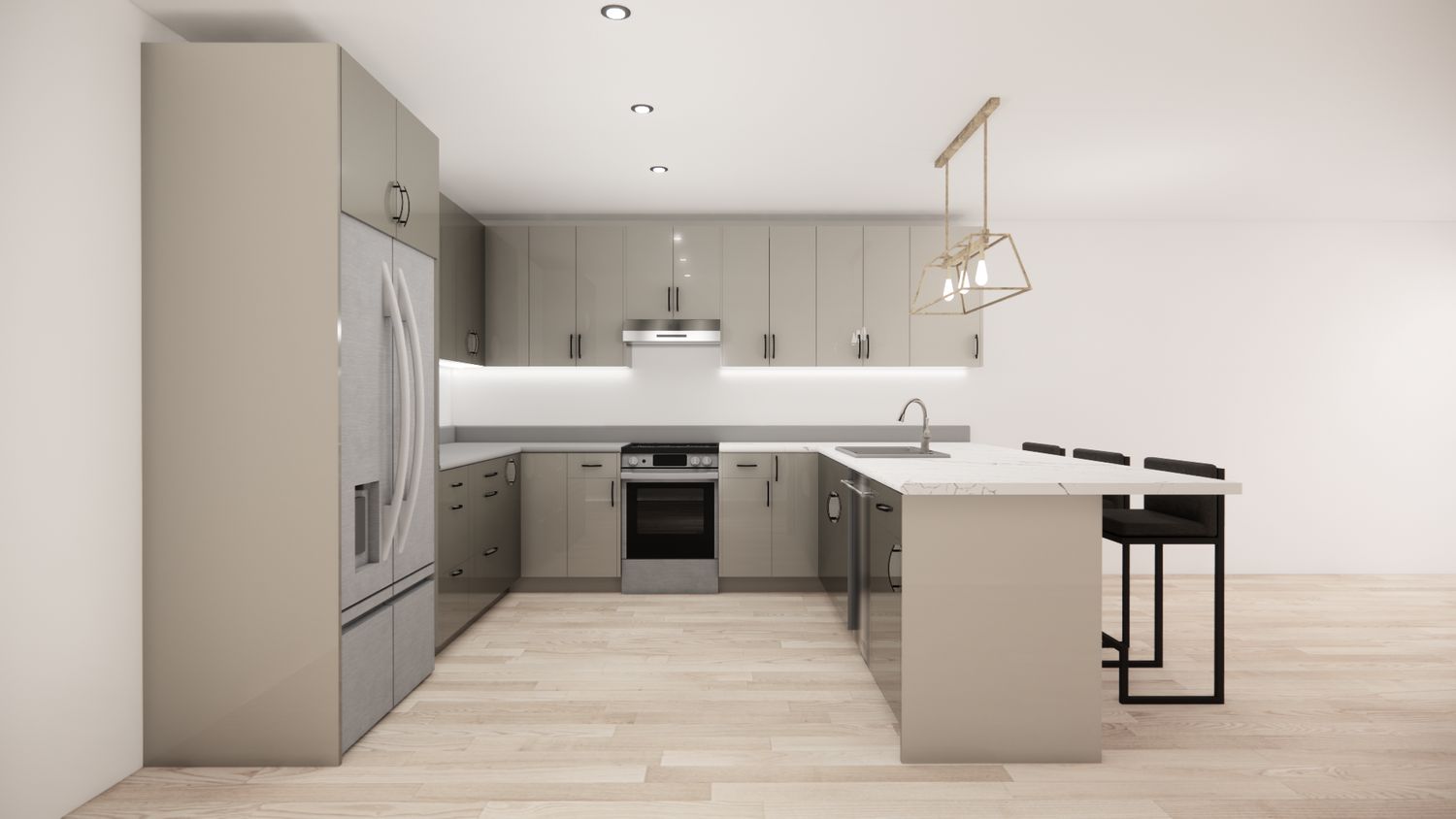 U-Shaped Kitchen with Island – High Gloss Light Grey Flat Panel