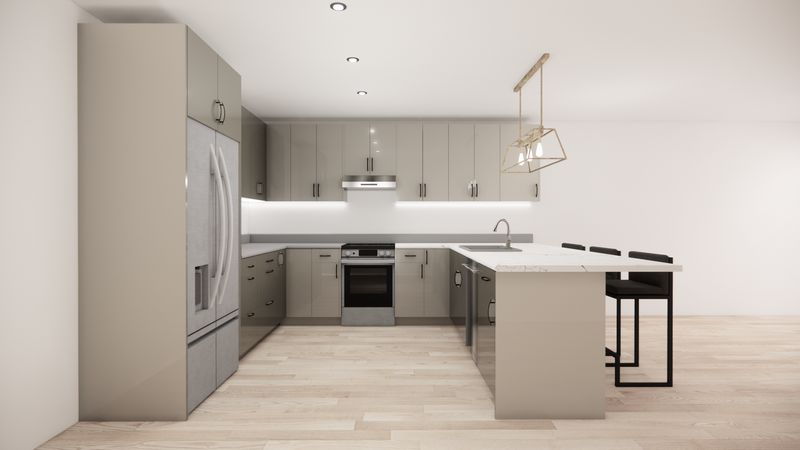 U-Shaped Kitchen with Island – High Gloss Light Grey Flat Panel