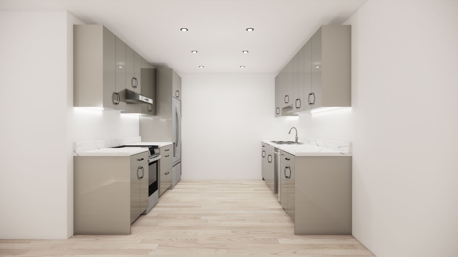 Galley Kitchen –  (HIGH GLOSS LIGHT GREY - FLAT PANEL )