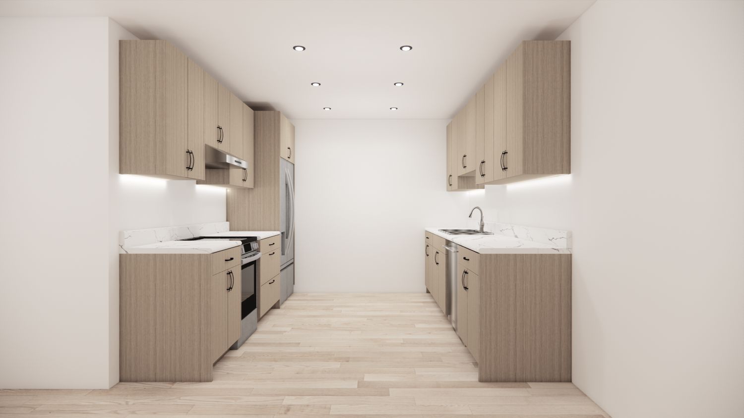 Galley Kitchen –  (NATURAL WOOD - FLAT PANEL)