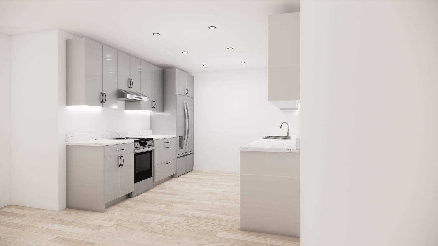 Galley Kitchen –  (HIGH GLOSS COOL GREY - FLAT PANEL )