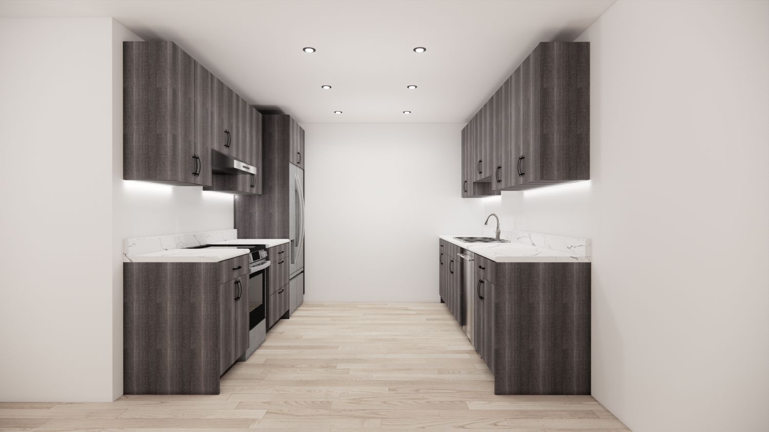 Galley Kitchen –  (WOOD GREY - FLAT PANEL)