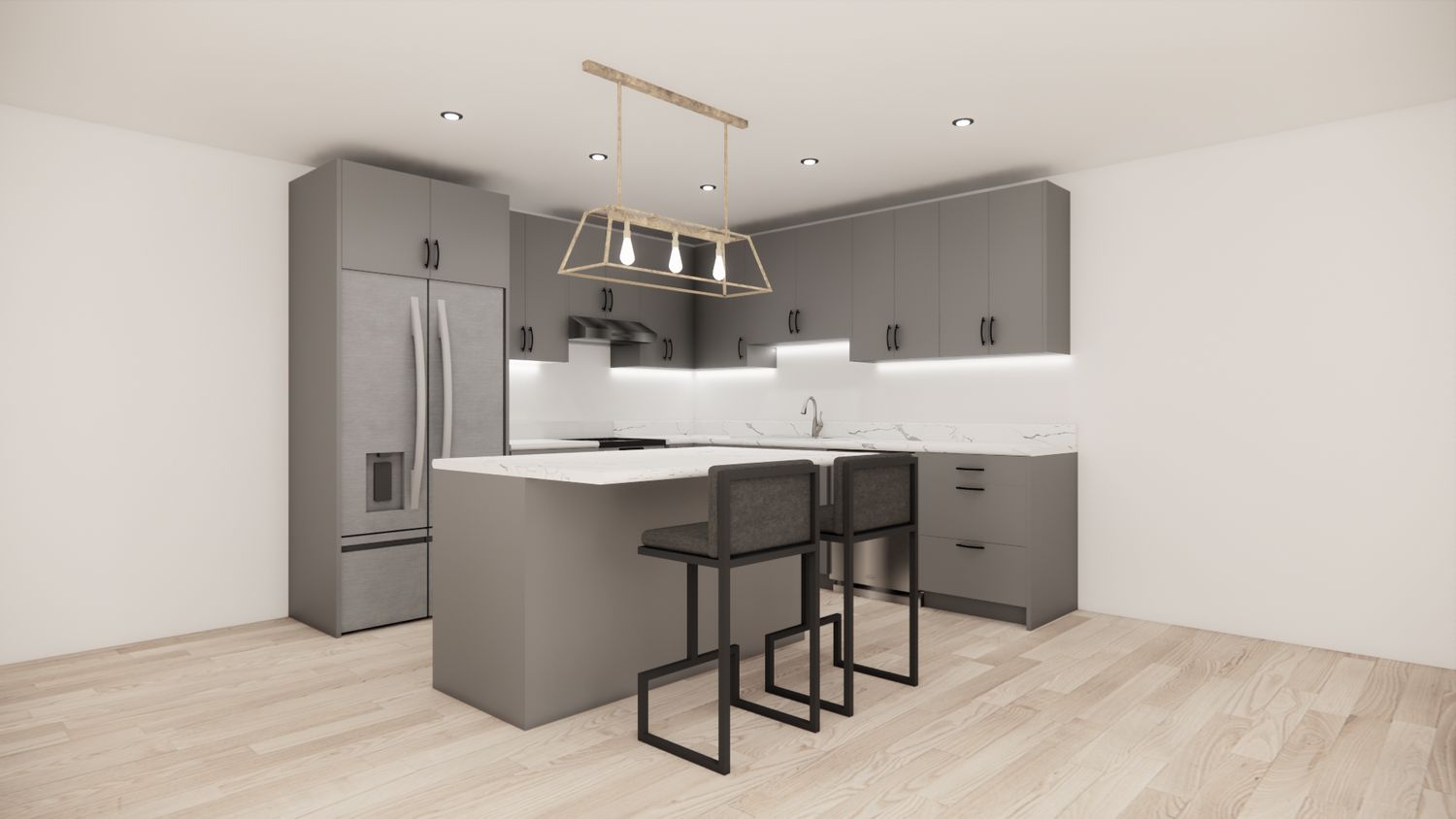 L-Shaped Kitchen with Island – Matte Grey Flat Panel