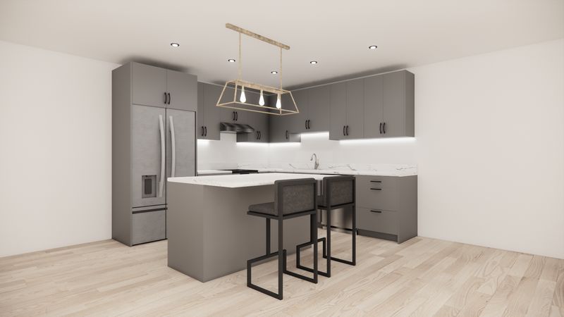 L-Shaped Kitchen with Island – Matte Grey Flat Panel