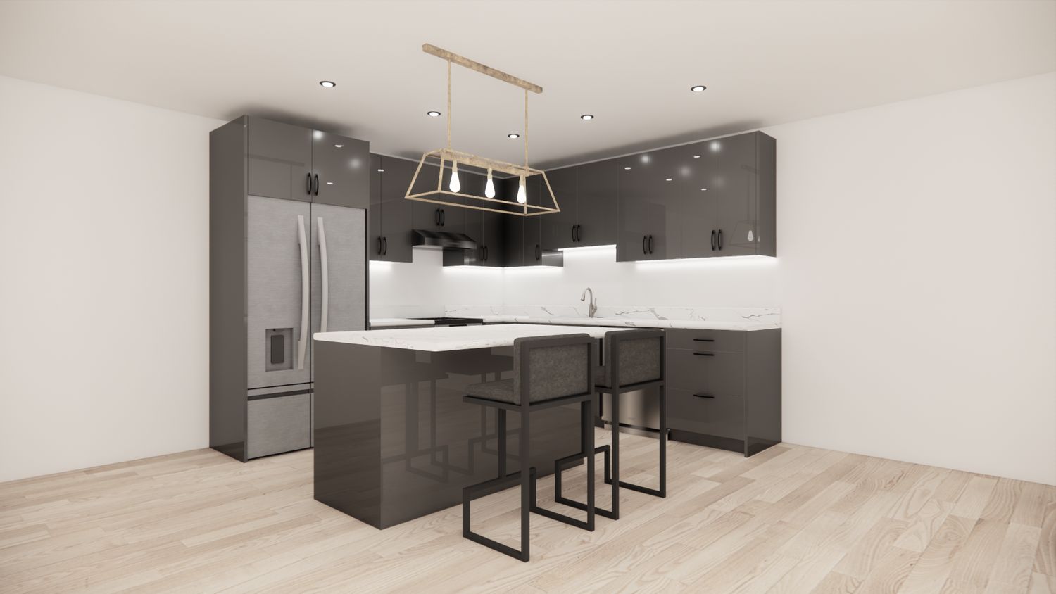L-Shaped Kitchen with Island – High Gloss Grey Flat Panel