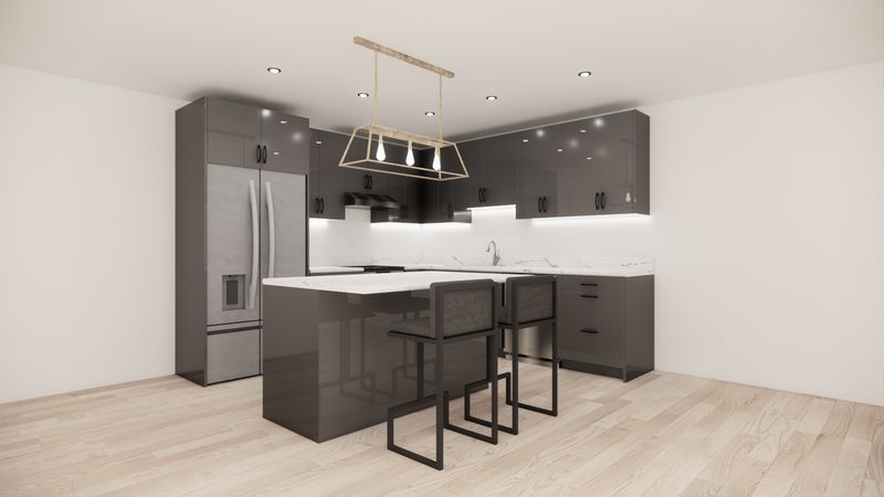 L-Shaped Kitchen with Island – High Gloss Grey Flat Panel