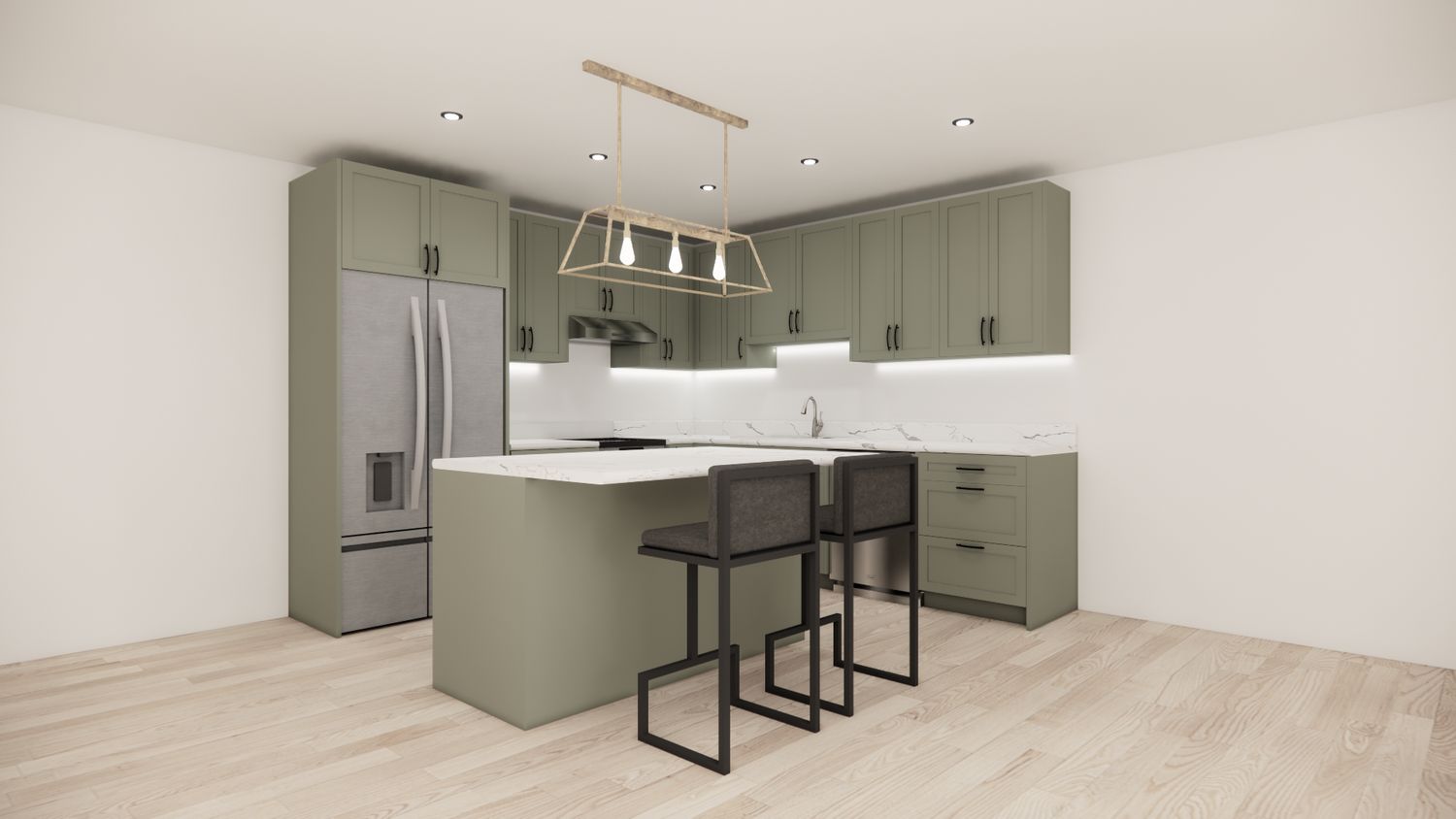 L-Shaped Kitchen with Island – Dark Green Shaker Panel