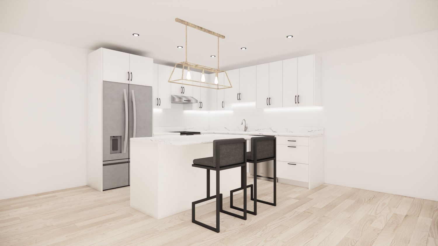 L-Shaped Kitchen with Island – Matte White Flat Panel