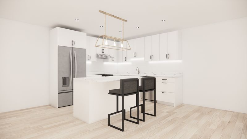 L-Shaped Kitchen with Island – Matte White Flat Panel