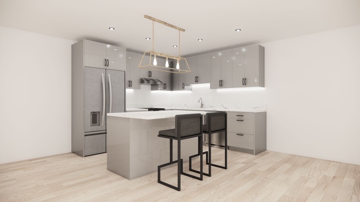 L-Shaped Kitchen with Island – High Gloss Elephant Flat Panel