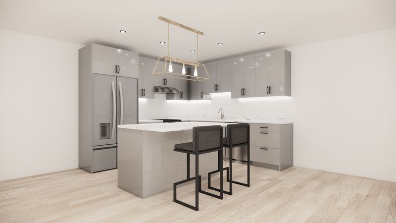 L-Shaped Kitchen with Island – High Gloss Elephant Flat Panel
