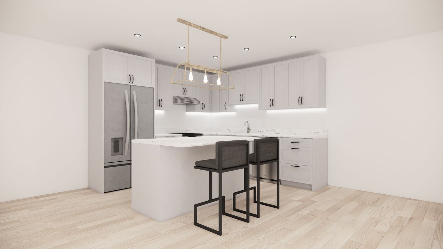 L-Shaped Kitchen with Island – Pearl White Shaker Panel