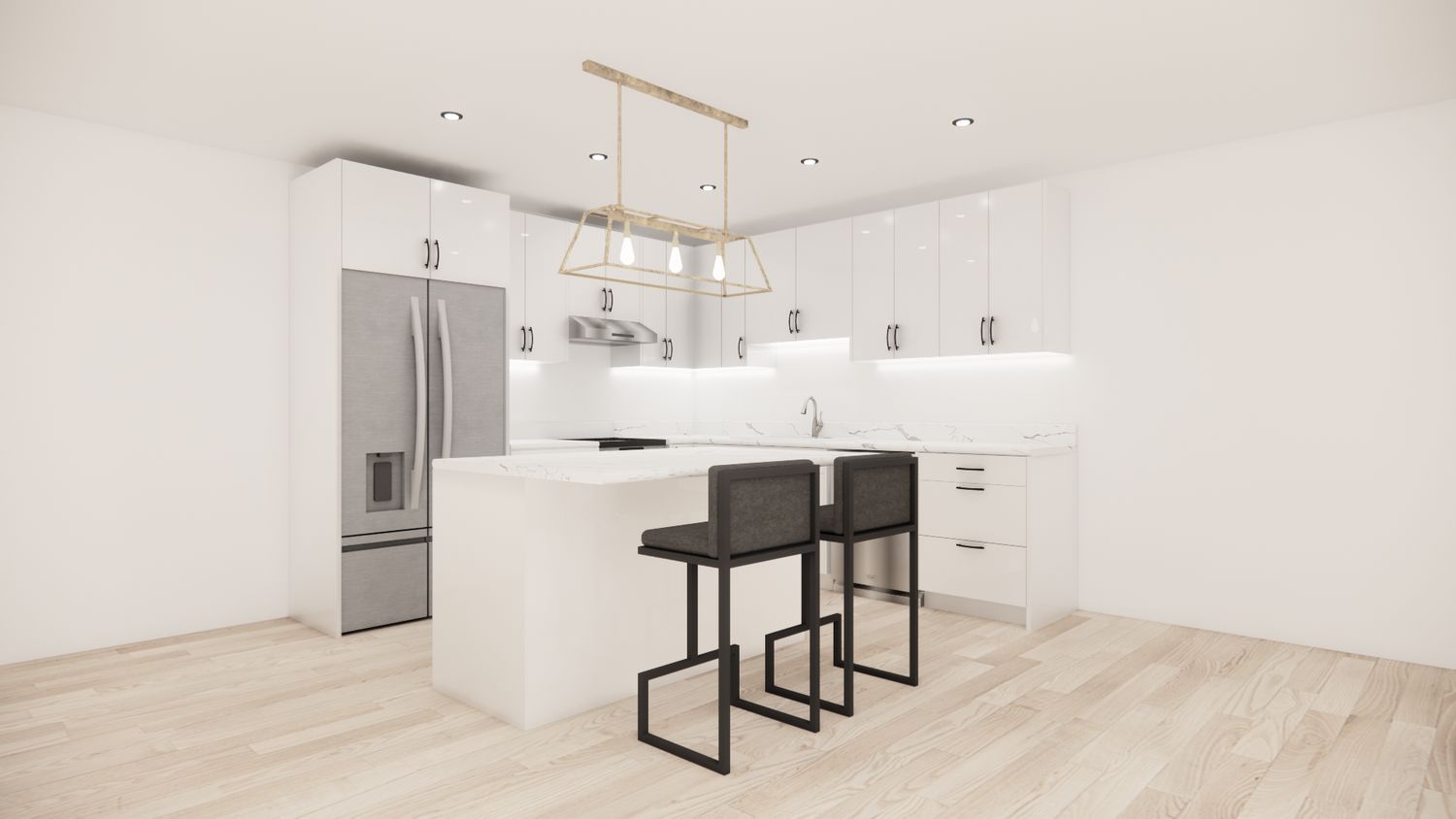 L-Shaped Kitchen with Island – High Gloss White Flat Panel