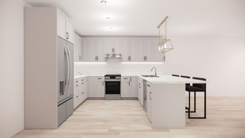 U-Shaped Kitchen with Island – Pearl White Shaker Panel